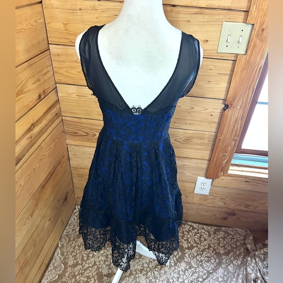 Moulinette Soeurs A-Line Dress Lace Silk Blue Black Fit & Flare Twirl Prom HoCo - Picture 6 of 10